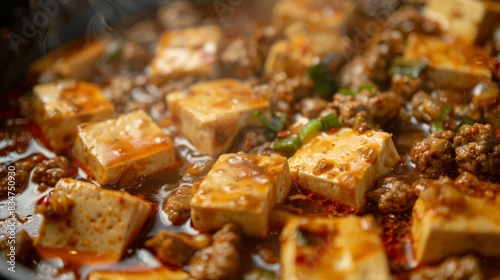 Sizzling hot mapo tofu in a bowl, made with tofu, ground pork, and a spicy sauce.