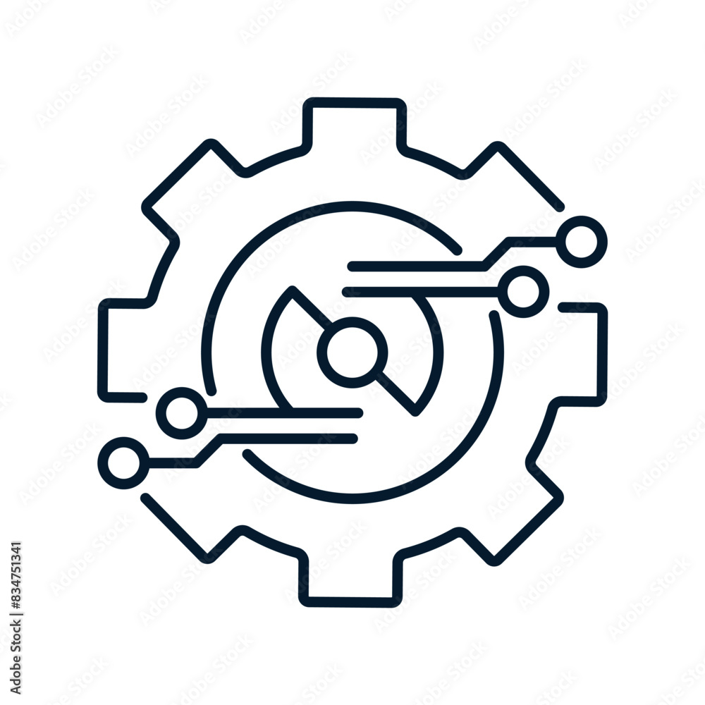 Mechatronics concept, design and production of new mechanisms. Vector linear icon isolated on white background.