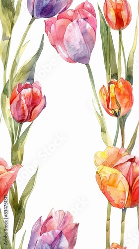 Watercolor tulip flowers in assorted colors with green leaves forming a border on a white background, perfect for spring themed designs.
