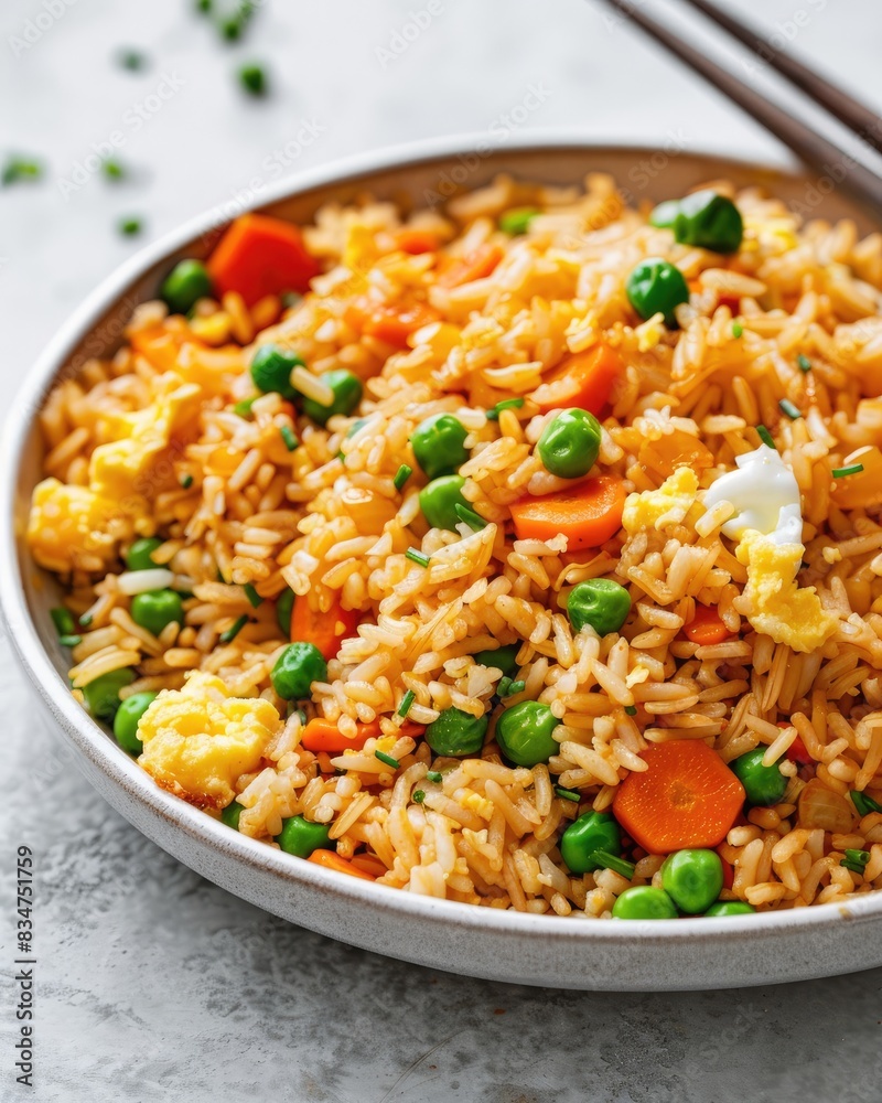 A plate of vibrant fried rice mixed with peas, carrots, and green onions, offering a delicious and colorful meal. A plate of vibrant fried rice mixed with peas, carrots, and green onions, offering a delicious and colorful meal.