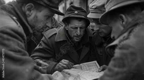 The black and white photo shows a group of World War II soldiers huddled around a map, trying to figure out where they are and where they are going.