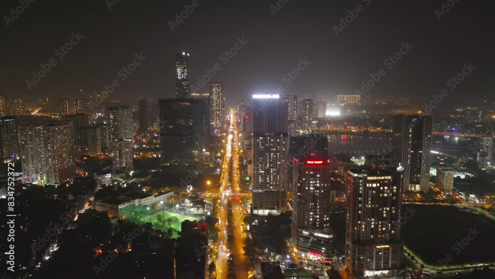 Aerial view of Hanoi Downtown Skyline, Vietnam. Financial district and business centers in smart urban city in Asia. Skyscraper and high-rise buildings at night. Aerial view of Hanoi Downtown Skyline, Vietnam. Financial district and business centers in smart urban city in Asia. Skyscraper and high-rise buildings at night.