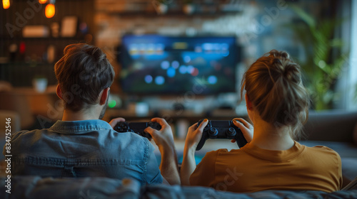 Hand holding game controller with digital screen showing gaming interface, blurred background of video games room, focus on hand and gamepad, high tech gaming environment, purple neon light effect.	 photo