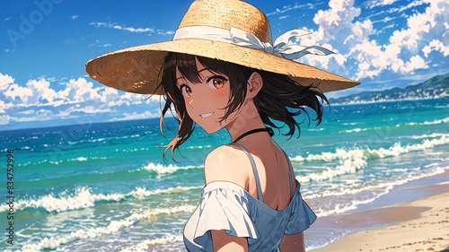 Cute women wearing a straw hat with a beach background. Cartoon anime drawing.