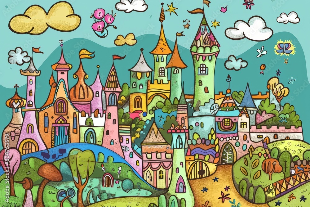 Cartoon cute doodles of a magical kingdom ruled by a wise and kind queen, Generative AI Cartoon cute doodles of a magical kingdom ruled by a wise and kind queen, Generative AI