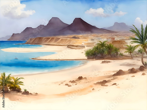 Maio Cabo Verde Country Landscape Watercolor Illustration Art photo