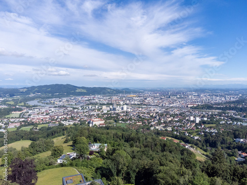 Panorama over the city of Linz in Upper Austria seen from the P  stlingberg
