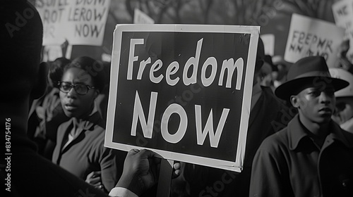 The image is a black and white photograph of a group of African Americans in the 1960s, during the Civil Rights Movement. One of them is holding a sign which says 