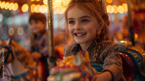 Children riding on a carousel or other carnival rides. 