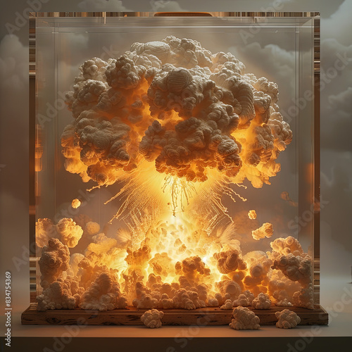an artwork displaying an image of an atomic explosion, in the style of hyperrealistic landscapes, miniature dioramas, olivier valsecchi, lightbox, jasper francis cropsey photo