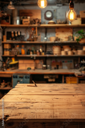 A wooden workbench in the foreground with a blurred workshop in the background
