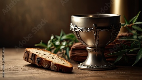 Communion  Holy.  Easter Communion Still life with chalice of wine and bread. photo