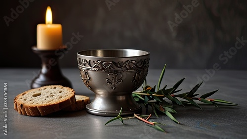 Communion  Holy.  Easter Communion Still life with chalice of wine and bread.