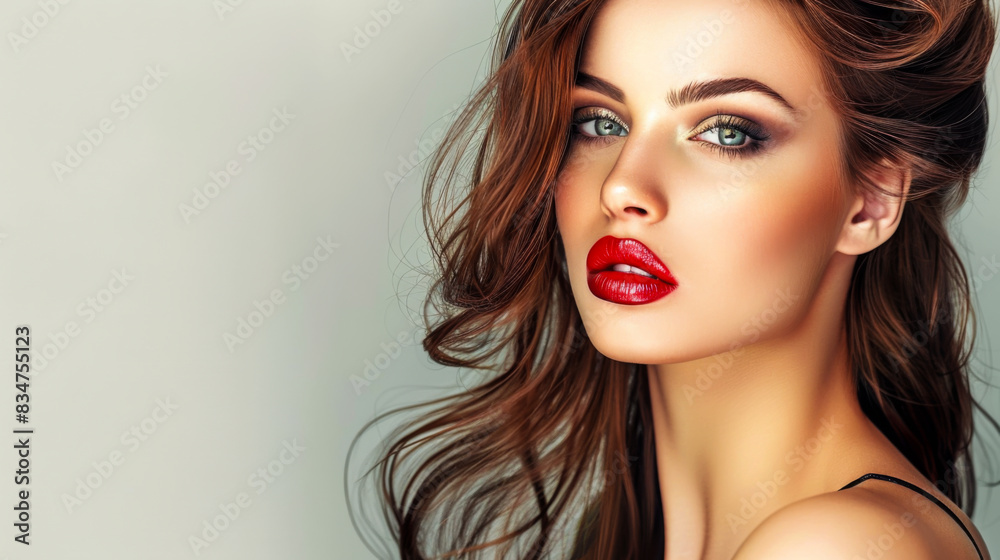 Fashion portrait of a young model with bright makeup and stylish hairstyle posing on a light gray background. Bright woman with makeup indoors. Beauty and fashion concept. Fashion portrait of a young model with bright makeup and stylish hairstyle posing on a light gray background. Bright woman with makeup indoors. Beauty and fashion concept.