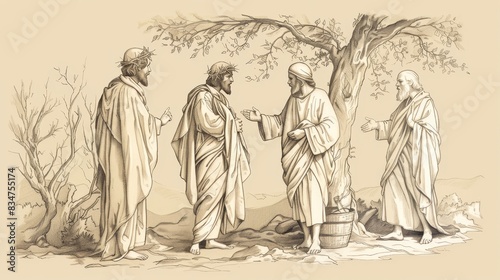 Luke 4 Biblical Illustration: Jesus' Temptation, Ministry in Galilee, Rejection at Nazareth, Beige Background, Copyspace © T Studio