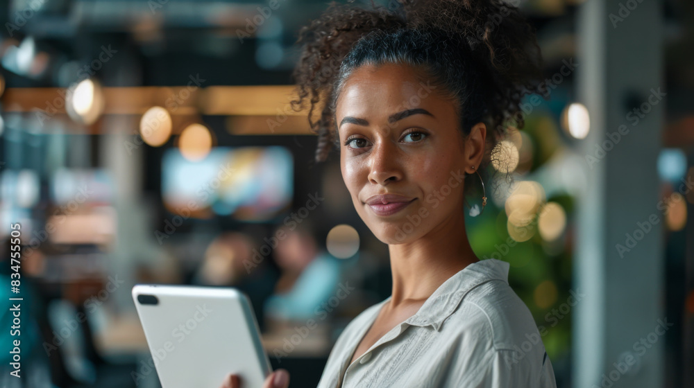 An African American woman stands with a digital tablet in a modern business office. Young curly woman with a modern tablet in casual clothes. An African American woman stands with a digital tablet in a modern business office. Young curly woman with a modern tablet in casual clothes.