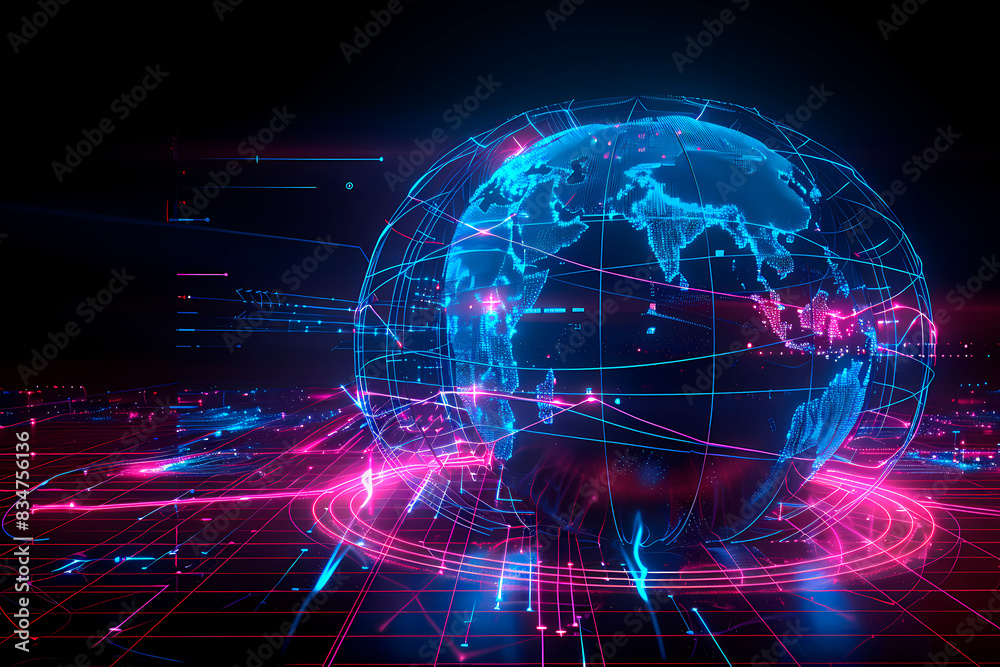 Obraz premium A digital art illustration of a rotating globe with bright network connections and pink highlights
