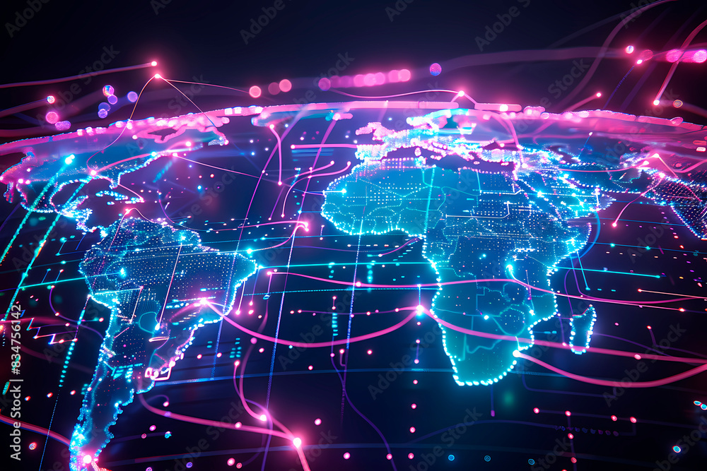 The illustration depicts a digital art rendition of a stylized world map with glowing connections between continents The illustration depicts a digital art rendition of a stylized world map with glowing connections between continents