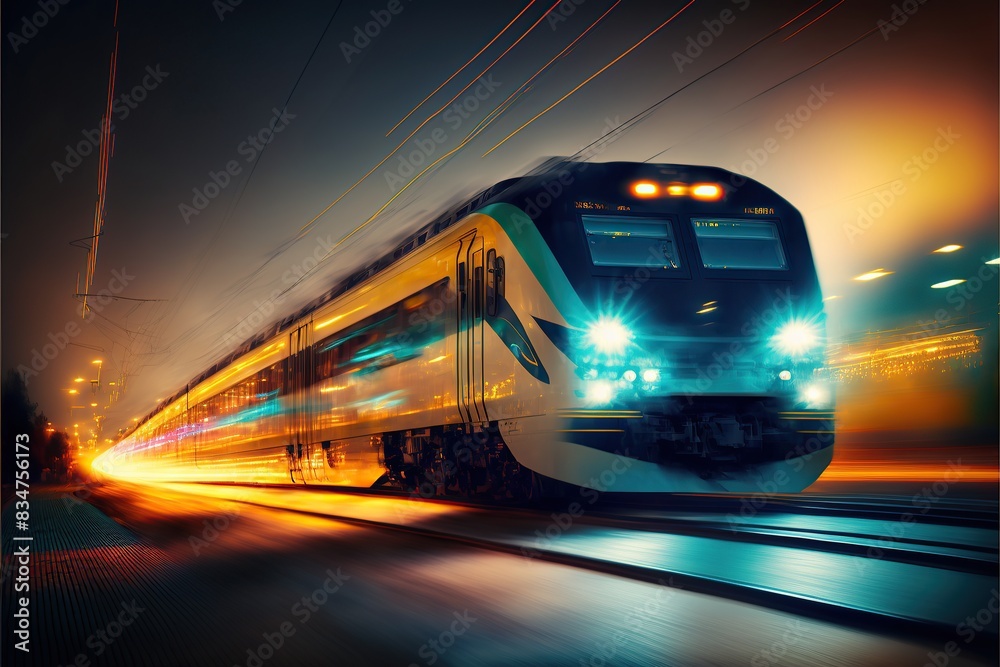 High-speed train in motion at night with motion blur High-speed train in motion at night with motion blur