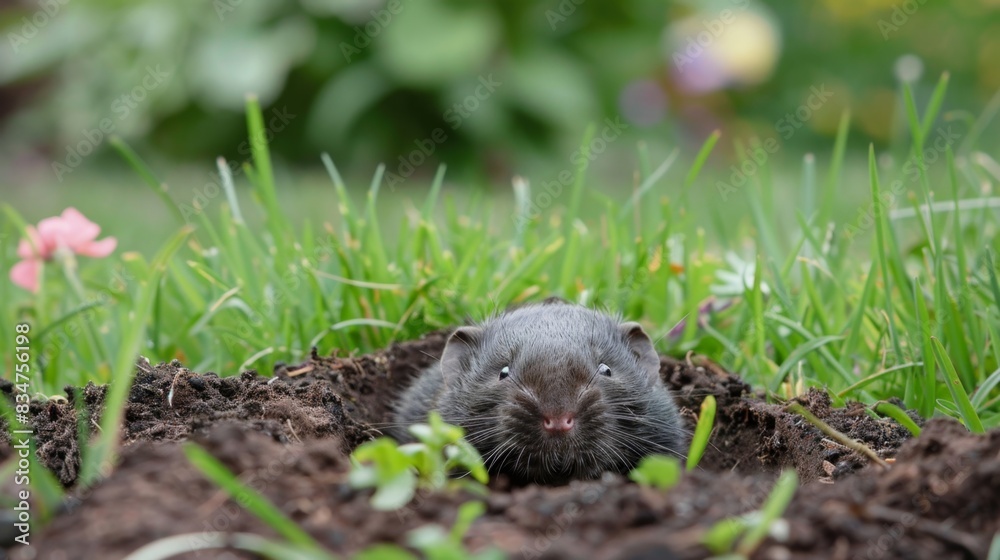 Obraz premium Children's Day, social practice class，Curious Mole Poking Its Head Out of the Garden Mound: Wildlife Exploration, Animal Research, 4K HD Wallpaper