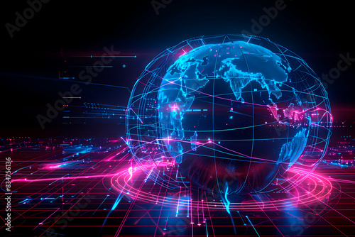 A digital art illustration of a rotating globe with bright network connections and pink highlights
