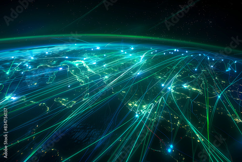 This digital art illustration shows a view of Earth from space with interconnected lines, symbolizing global connectivity
