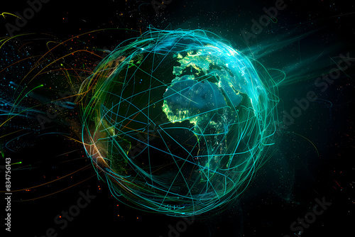 A striking illustration of Earth with glowing network lines representing global connectivity in this digital art