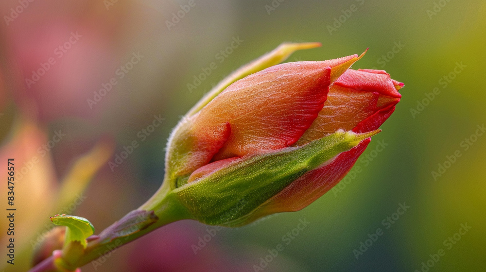 Fototapeta premium A detailed shot of a flower bud just beginning to open, capturing the softness and potential of the bloom.