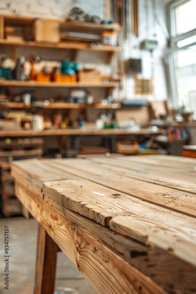 A wooden workbench in the foreground with a blurred workshop in the background A wooden workbench in the foreground with a blurred workshop in the background