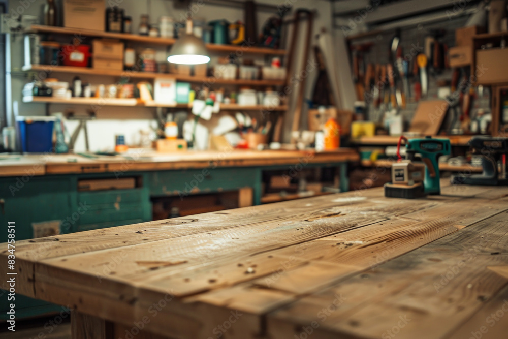 A wooden workbench in the foreground with a blurred workshop in the background A wooden workbench in the foreground with a blurred workshop in the background
