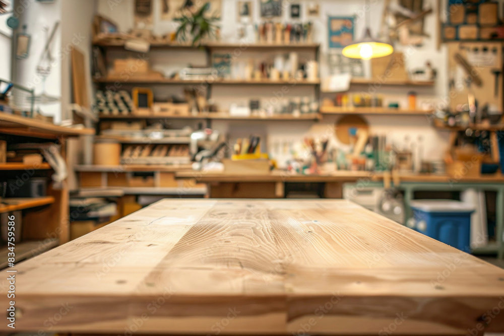 A wooden workbench in the foreground with a blurred workshop in the background A wooden workbench in the foreground with a blurred workshop in the background