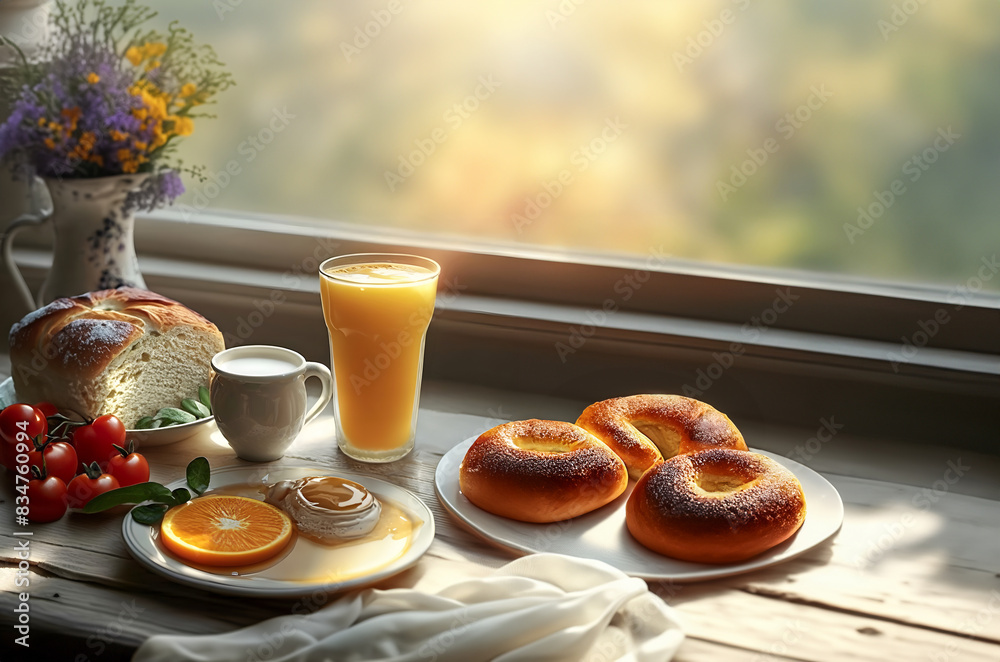 breakfast with bread , bun , milk and orange juice breakfast with bread , bun , milk and orange juice