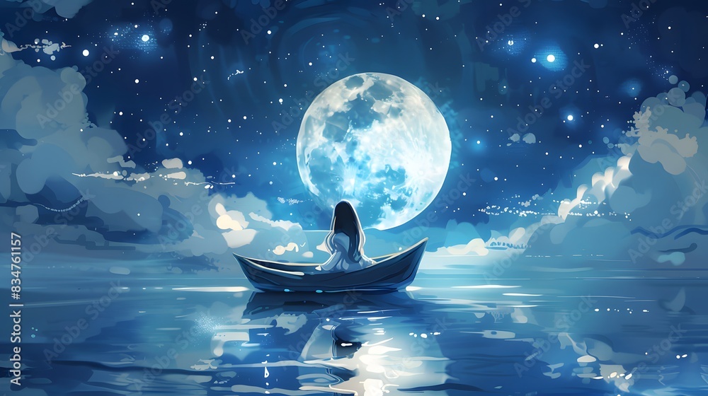 An illustration of a woman with long hair, sitting in a small boat under a full moon. She gazes at the moon, with the calm water reflecting the moonlight. The background features a dark blue sky with An illustration of a woman with long hair, sitting in a small boat under a full moon. She gazes at the moon, with the calm water reflecting the moonlight. The background features a dark blue sky with