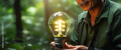 Outdoor Tropical senior travel and camping alone at natural park in Thailand. Recreation and journey outdoor activity lifestyle, Hand holding light bulb against nature on green leaf with energy source