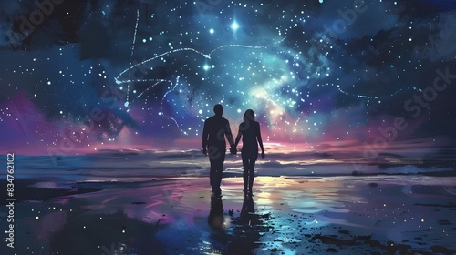 Couple s Celestial Stroll on Moonlit Shores A Dreamy Watercolor Romance © Jirapron