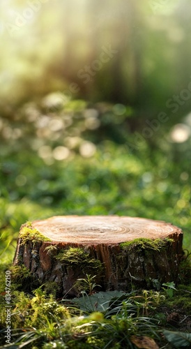 Moss-covered wooden stump podium in a forest clearing with green grass