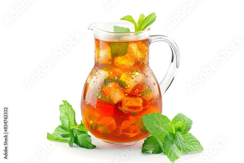 Refreshing Pitcher of Iced Tea with Fresh Mint Isolated on a White Background