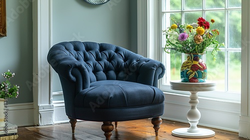 A navy blue accent chair with a tufted backrest and wooden legs, positioned beside a white side table holding a colorful vase of fresh flowers. photo