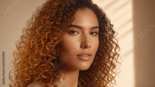 Glossy haired woman with nourishing hair cream conditioning oils frizz taming effect warm honey tones photo