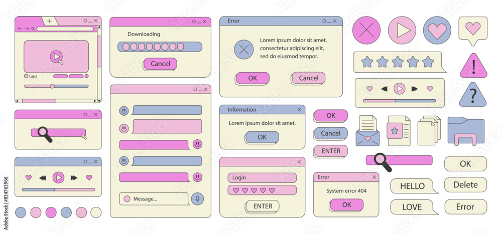 Big set of retro vaporwave desktop browser and dialog window templates. 80s 90s old computer user interface elements and vintage aesthetic icons. Nostalgic retro operating system. Vector illustration.