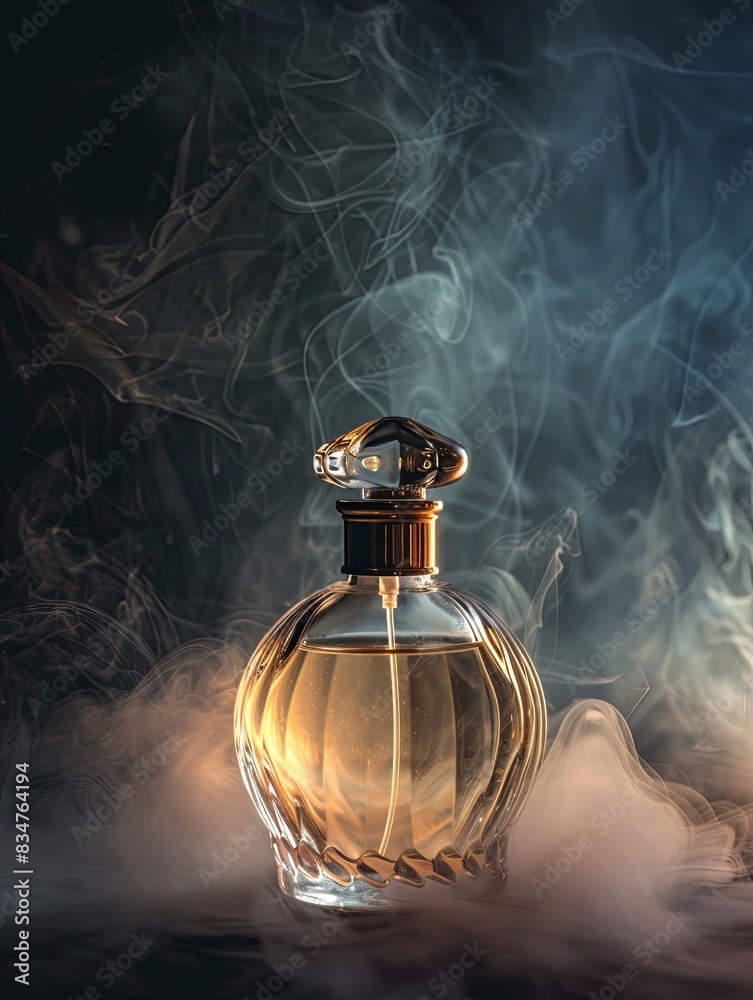 A close-up photo of a perfume bottle with a golden top, surrounded by a delicate mist on a dark background. Generative AI A close-up photo of a perfume bottle with a golden top, surrounded by a delicate mist on a dark background. Generative AI