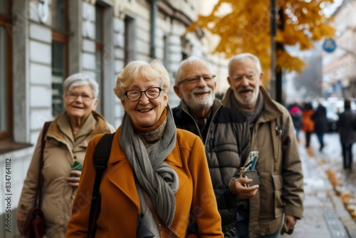 Group of senior people walking in the city. Group of elderly people walking in the city.