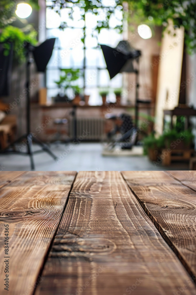 A wooden table in the foreground with a blurred background of a photography studio. The background includes various backdrops, lighting equipment, cameras