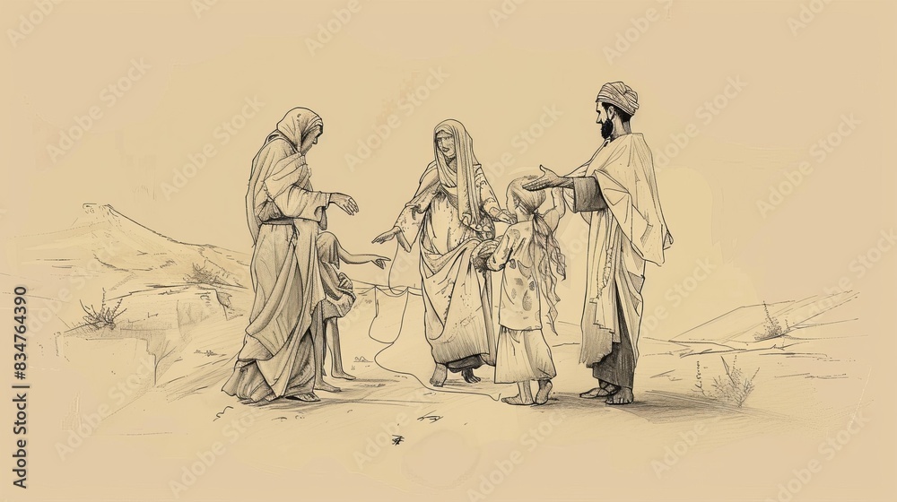 Fototapeta premium Genesis 21 Biblical Illustration: Birth of Isaac, Hagar and Ishmael Sent Away, God's Promise - Beige Background with Copyspace for Inspirational Use