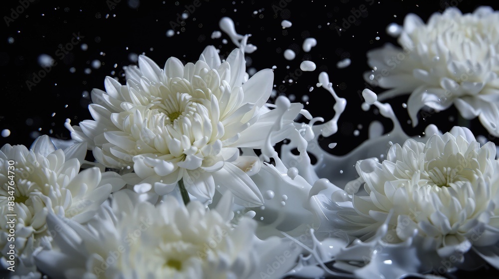 A dramatic scene featuring white chrysanthemums with a bold milk splash, set against a midnight black background to enhance the vividness of the white petals. A dramatic scene featuring white chrysanthemums with a bold milk splash, set against a midnight black background to enhance the vividness of the white petals.