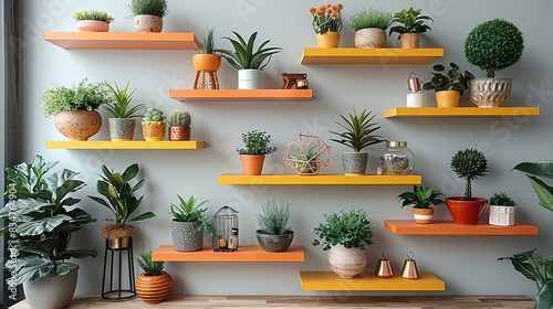 A set of orange and yellow floating shelves arranged in an asymmetrical pattern on a light gray wall, displaying a variety of small plants and decorative objects. photo