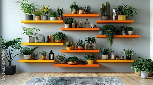 A set of orange and yellow floating shelves arranged in an asymmetrical pattern on a light gray wall, displaying a variety of small plants and decorative objects. photo