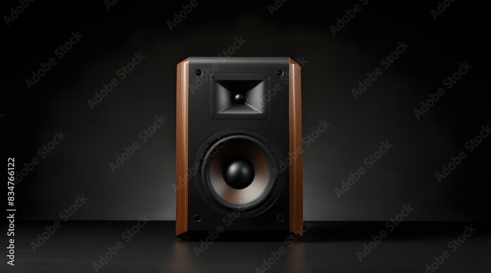 Two sound speakers with free space between them on black background.generative.ai Two sound speakers with free space between them on black background.generative.ai