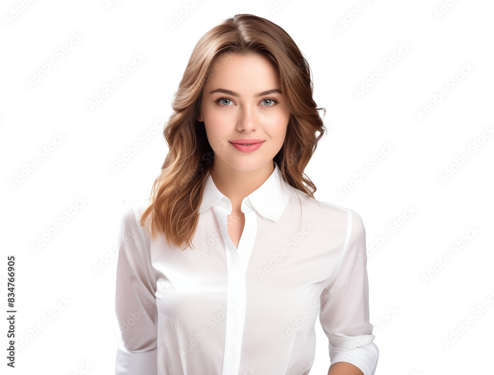 portrait of cute woman in white shirt, gentle businesswoman smiling in formal attire portrait of cute woman in white shirt, gentle businesswoman smiling in formal attire