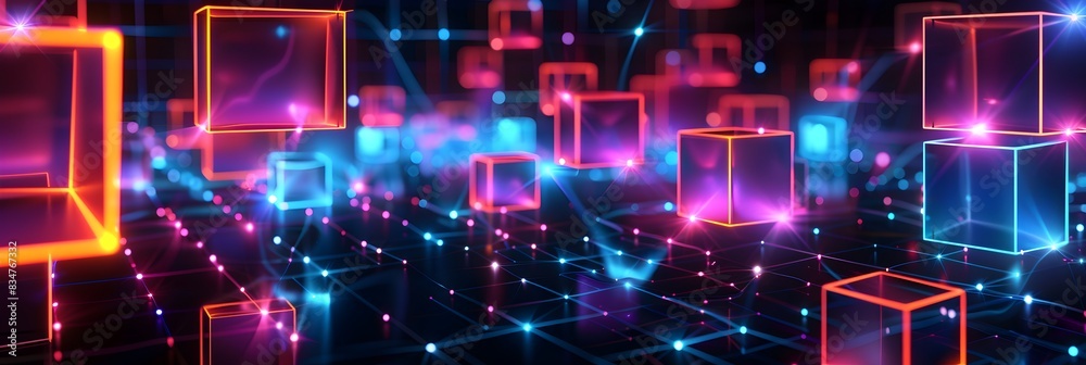 Abstract background with neon cubes on black, glowing geometric shapes forming an intricate pattern, perfect for digital and technologythemed designs
Abstract background with neon cubes on black, glowing geometric shapes forming an intricate pattern, perfect for digital and technologythemed designs